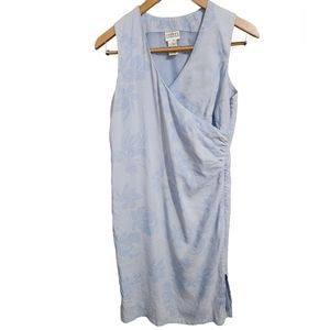 SHERRY TAYLOR WRAP RUCHED V-NECK BLUE BOTANICAL PRINT MIDI DRESS W/ Slit  MEDIUM